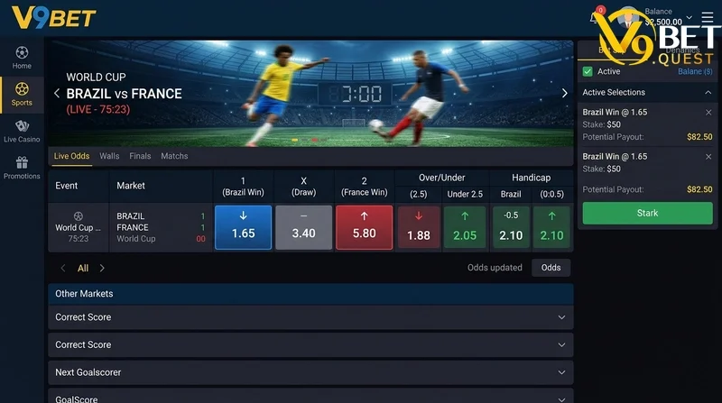(Ảnh 2: Giao diện live betting World Cup trên V9BET - minh họa bảng kèo thời gian thực)