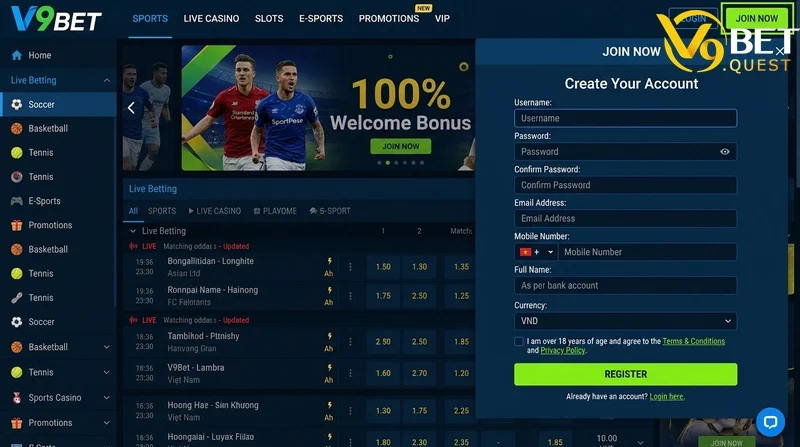 (Ảnh 4: Màn hình đăng ký tài khoản V9BET và giao diện trang chủ)